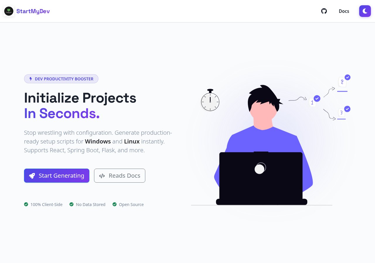 StartMyDev application homepage