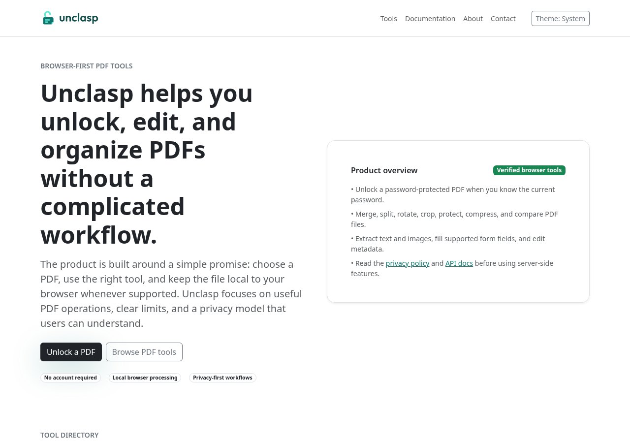Unclasp application homepage